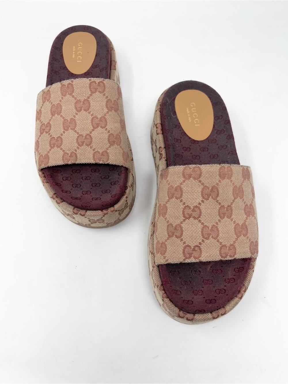 Gucci Angelina GG Monogram Canvas Platform Slide Sandal size 37 EU 7 US Flat